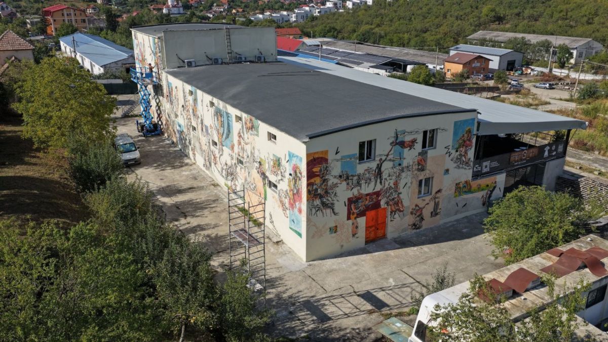Aerial view of Moara Artiștilor, with the mural on its walls