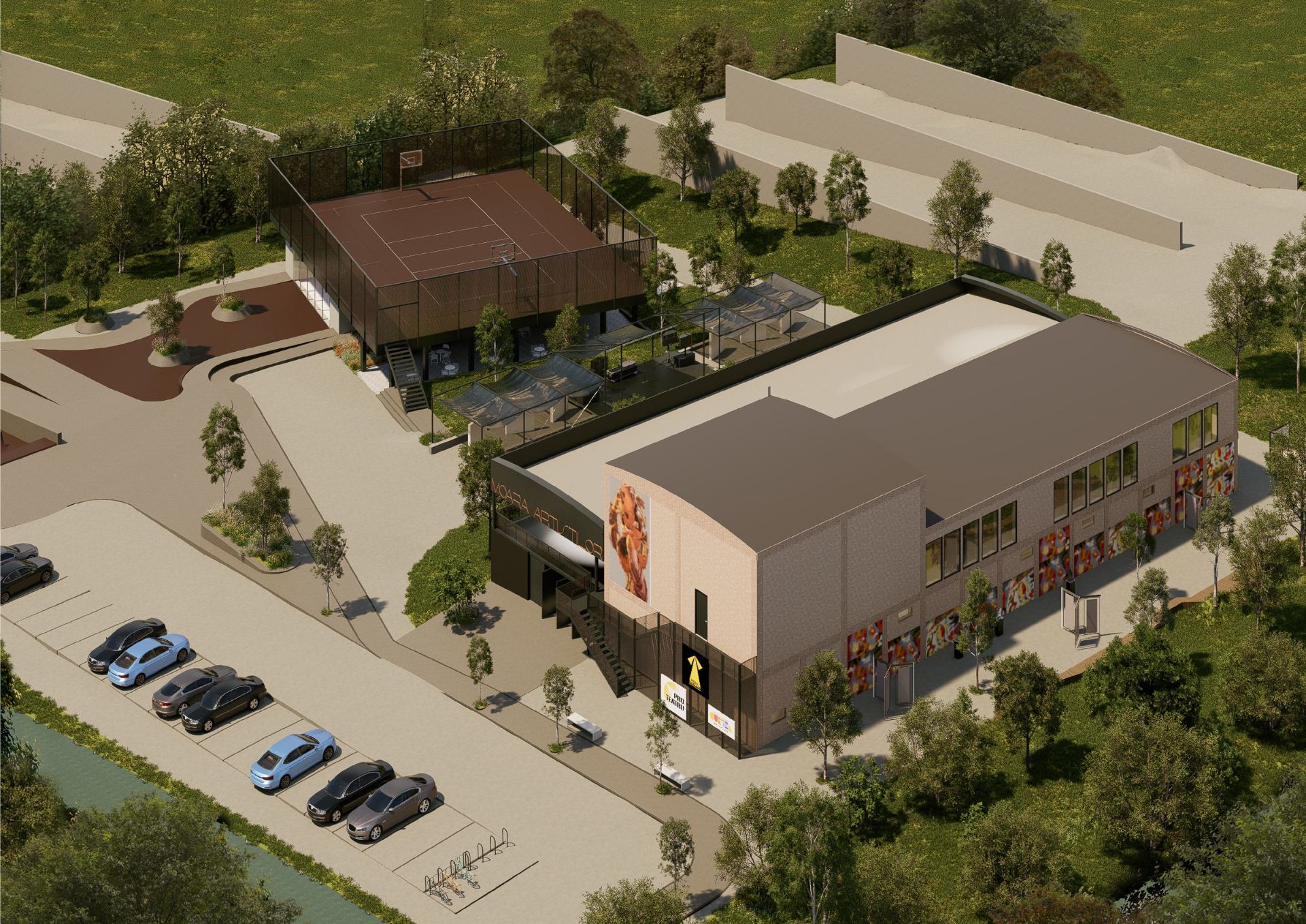 Render: aerial view of Moara Artiștilor with the new building, the skatepark and the car park