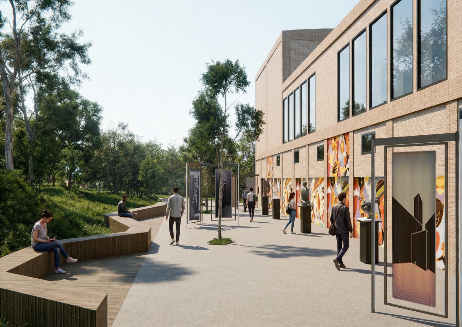 Render: the path beside the Mill, with outdoor exhibition panels
