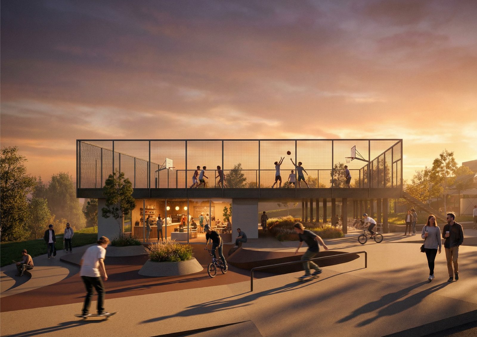Render: the café with its terrace and the rooftop basketball court, next to the skatepark
