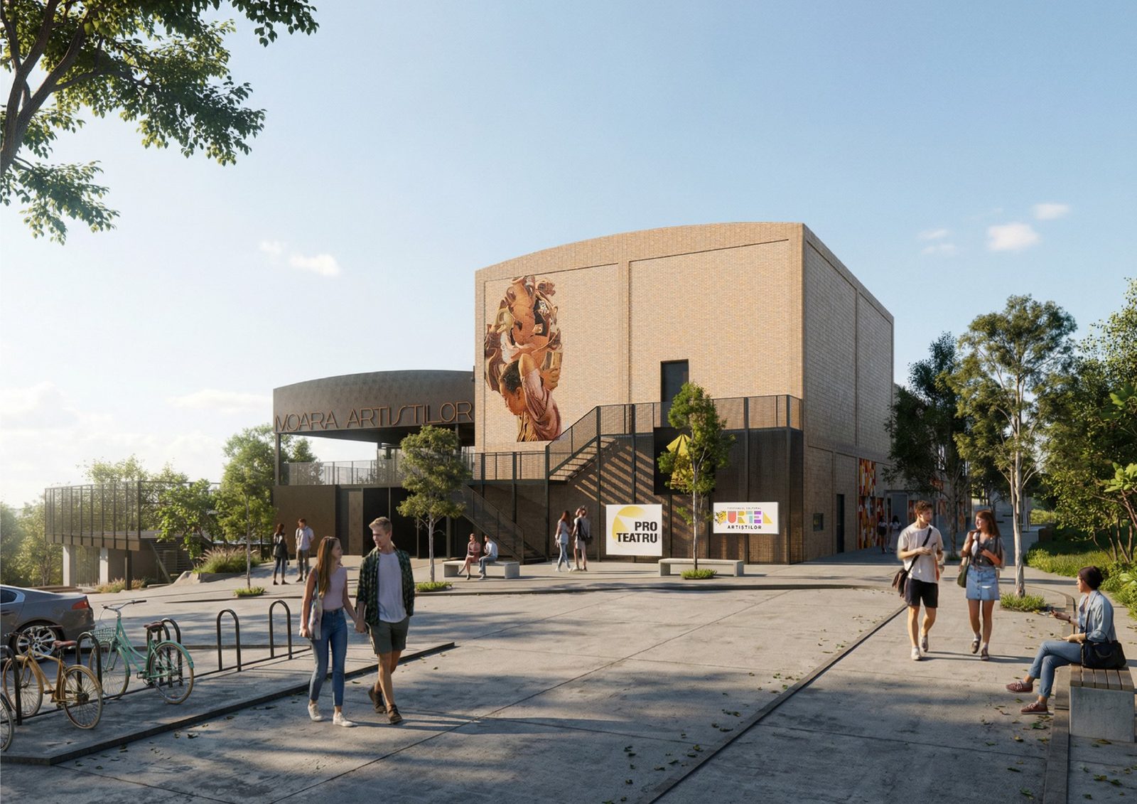 Render: the entrance to Moara Artiștilor, with the brick façade and the mural